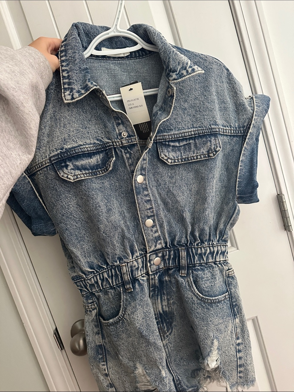Denim Short Sleeve One-Piece Romper - Blue